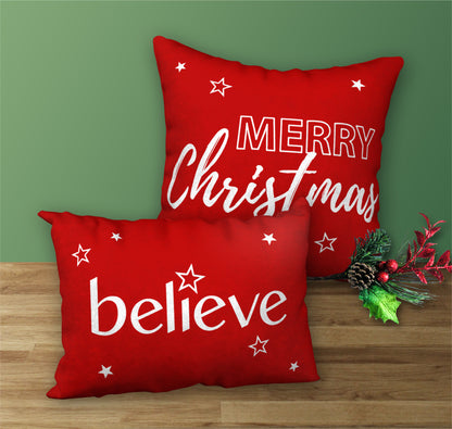 Set of 2 Holiday Designer Pillows BELIEVE and MERRY CHRISTMAS, 20"x14" and 18"x18"