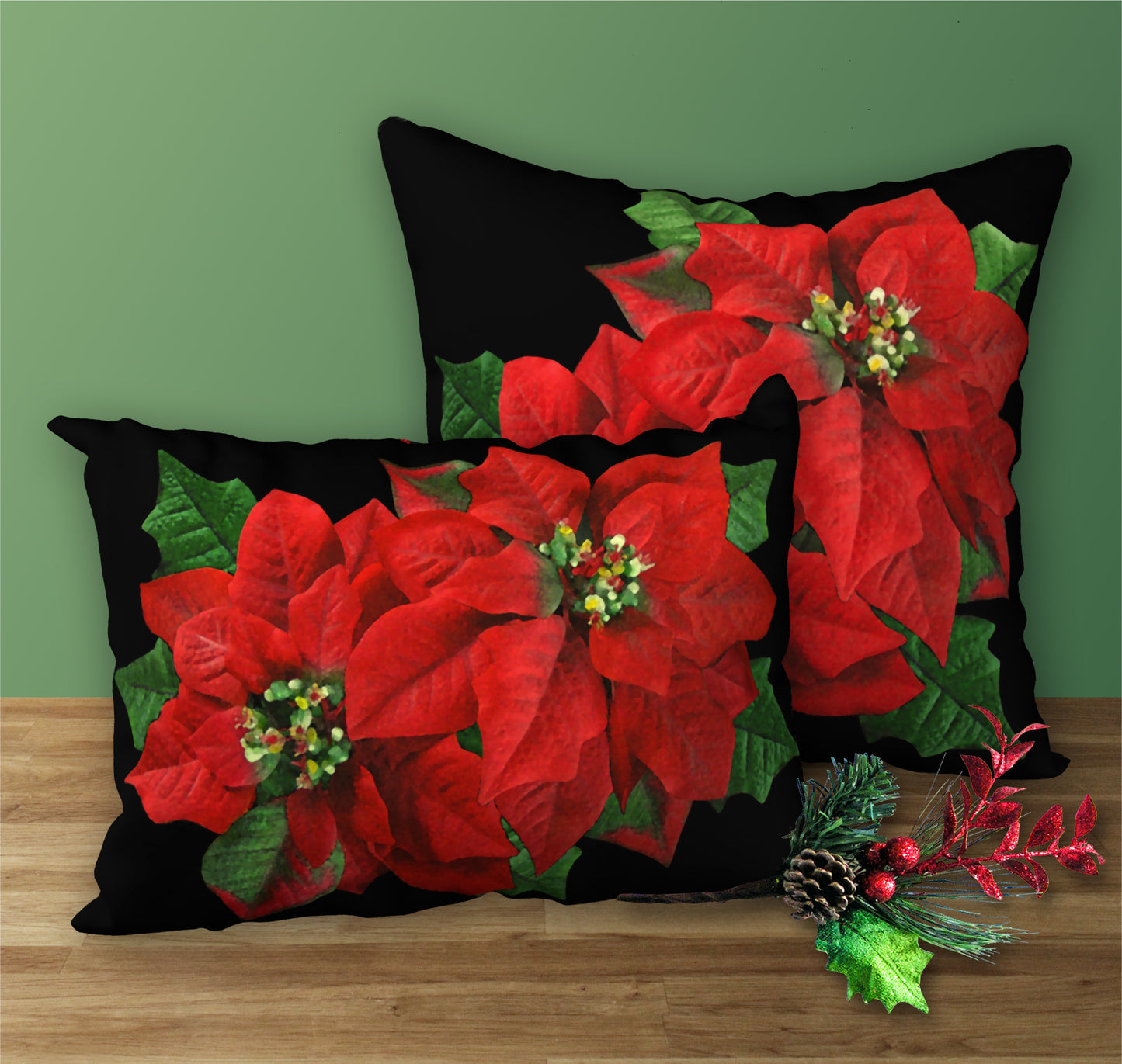 Set of 2 Poinsettia Designer Christmas Pillows, 20"x14" and 18"x18"
