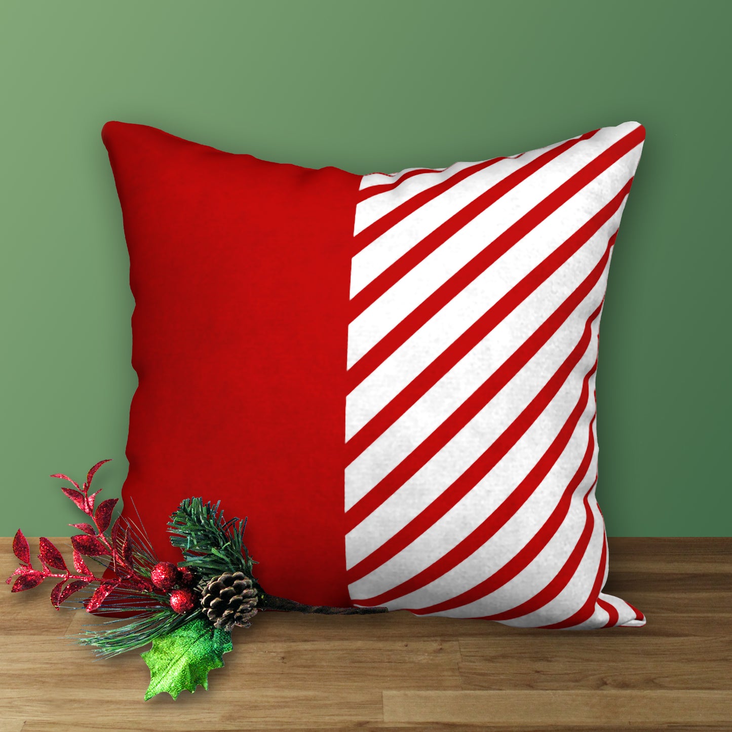 Red & White Designer Christmas Pillow Candy Cane Stripes with Polka Dots, 18"x18"