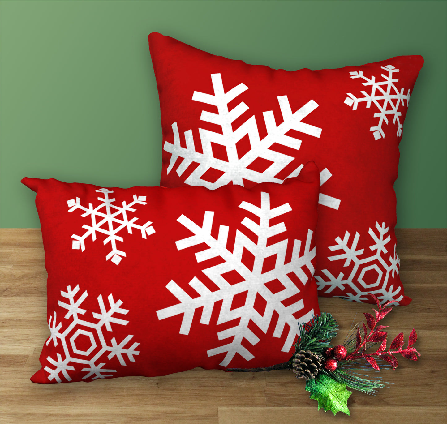 Set of 2 Red & White Snowflake Designer Christmas Pillows, 20"x14" and 18"x18"
