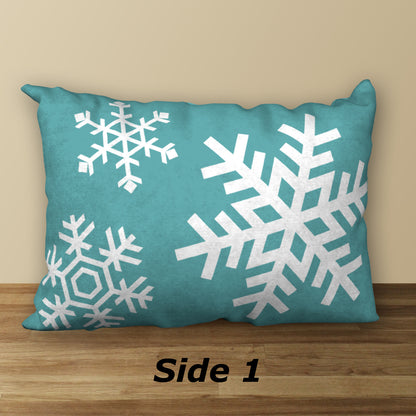 Turquoise Blue & White Snowflakes Designer Christmas Pillow, 20"x14"