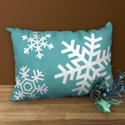 Turquoise Blue & White Snowflakes Designer Christmas Pillow, 20"x14"