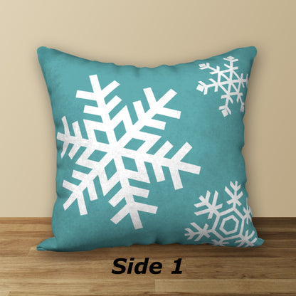 Turquoise Blue & White Snowflakes Designer Christmas Pillow, 18"x18"