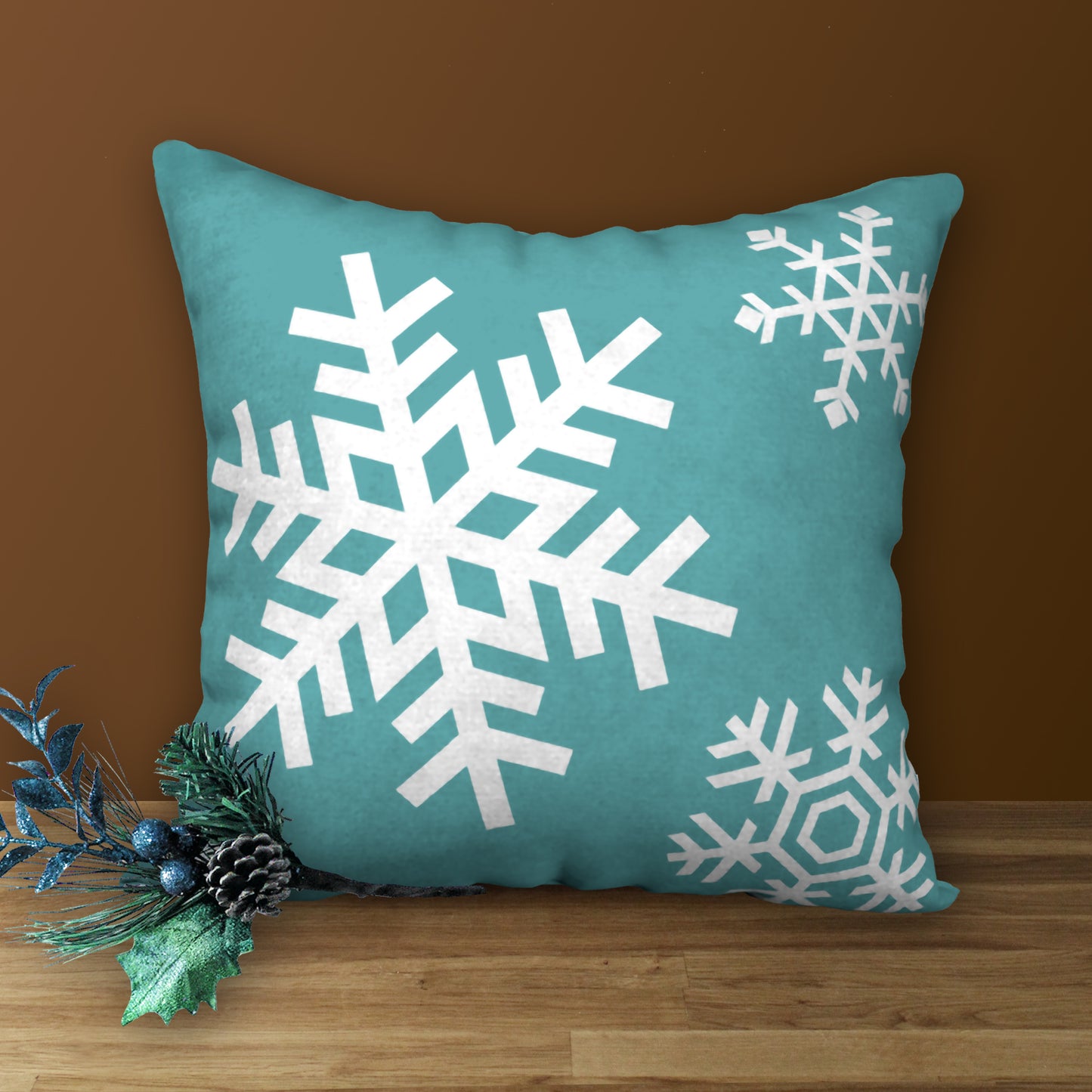 Turquoise Blue & White Snowflakes Designer Christmas Pillow, 18"x18"