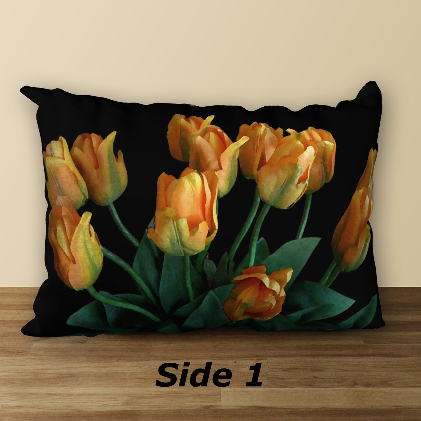 Tulips on Black Designer Pillow, 20"x14"
