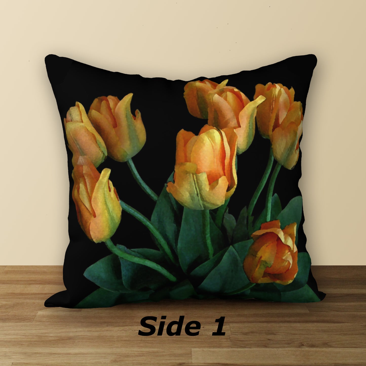 Tulips on Black Designer Pillow, 18"x18"