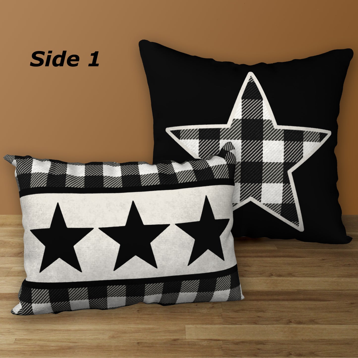 Set of 2 Black & White Buffalo Plaid with Stars Designer Pillows, 20"x14" and 18"x18"