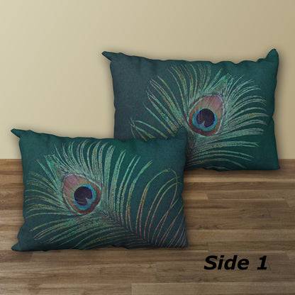 Set of 2 Peacock Feather Designer Pillows, 20"x14"