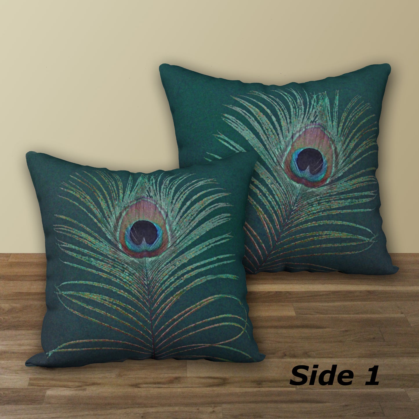 Set of 2 Peacock Feather Designer Pillows, 18"x18"