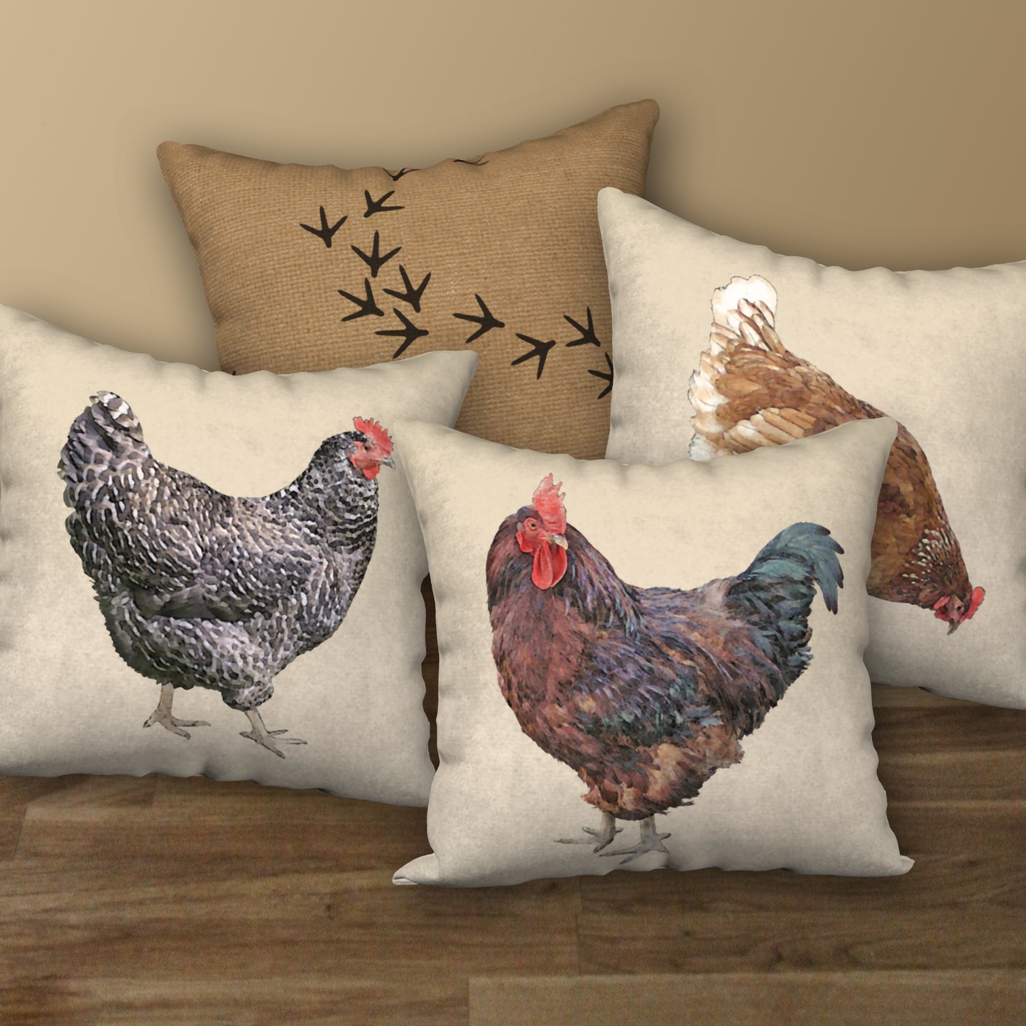 Set of 3 Chicken Designer Pillows, 18"x18"