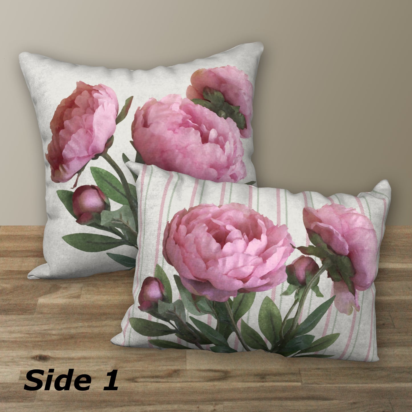 Set of 2 Pink Peonies Designer Pillows, 20"x14" and 18"x18"