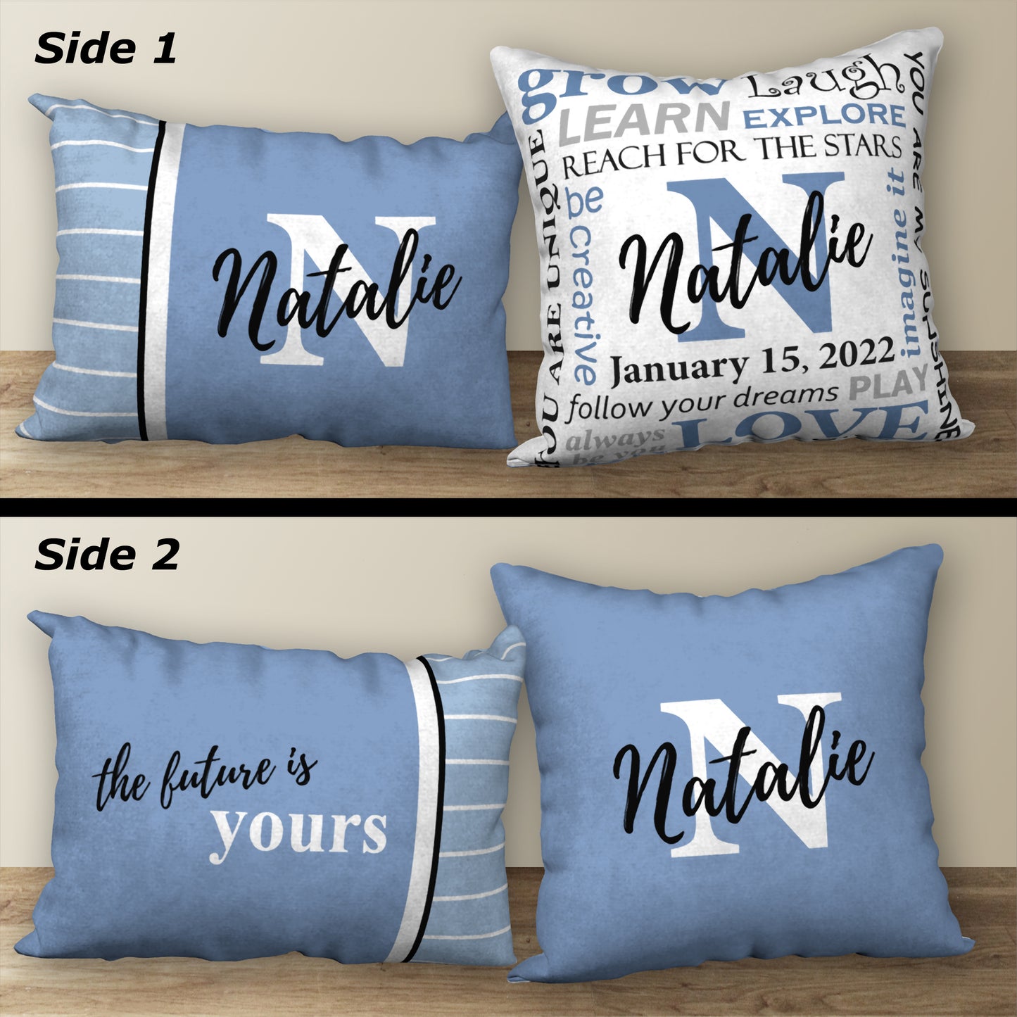 Set of 2 Personalized NAME & BIRTHDAY Pillows, 18"x18" and 20"x14"