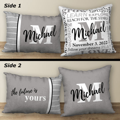 Set of 2 Personalized NAME & BIRTHDAY Pillows, 18"x18" and 20"x14"