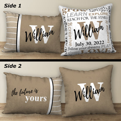 Set of 2 Personalized NAME & BIRTHDAY Pillows, 18"x18" and 20"x14"