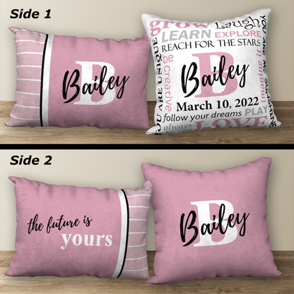 Set of 2 Personalized NAME & BIRTHDAY Pillows, 18"x18" and 20"x14"