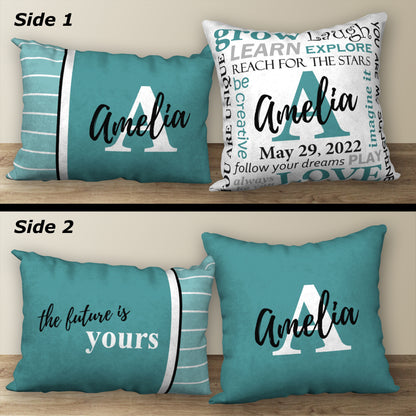 Set of 2 Personalized NAME & BIRTHDAY Pillows, 18"x18" and 20"x14"