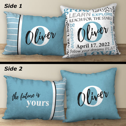 Set of 2 Personalized NAME & BIRTHDAY Pillows, 18"x18" and 20"x14"