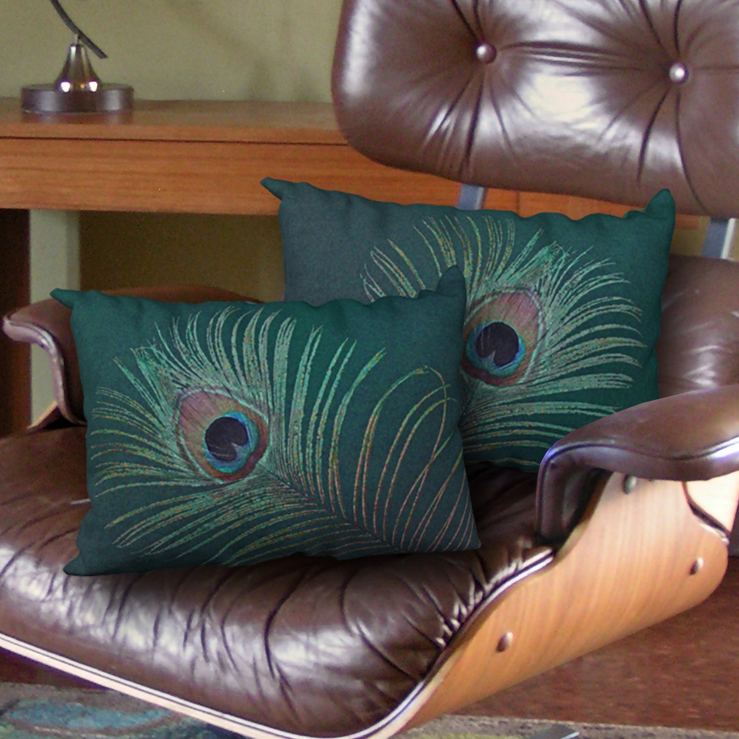 Set of 2 Peacock Feather Designer Pillows, 20"x14"