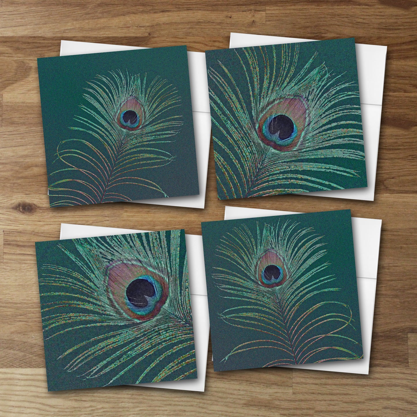 Set of 4 Peacock Feather Designer Greeting Cards