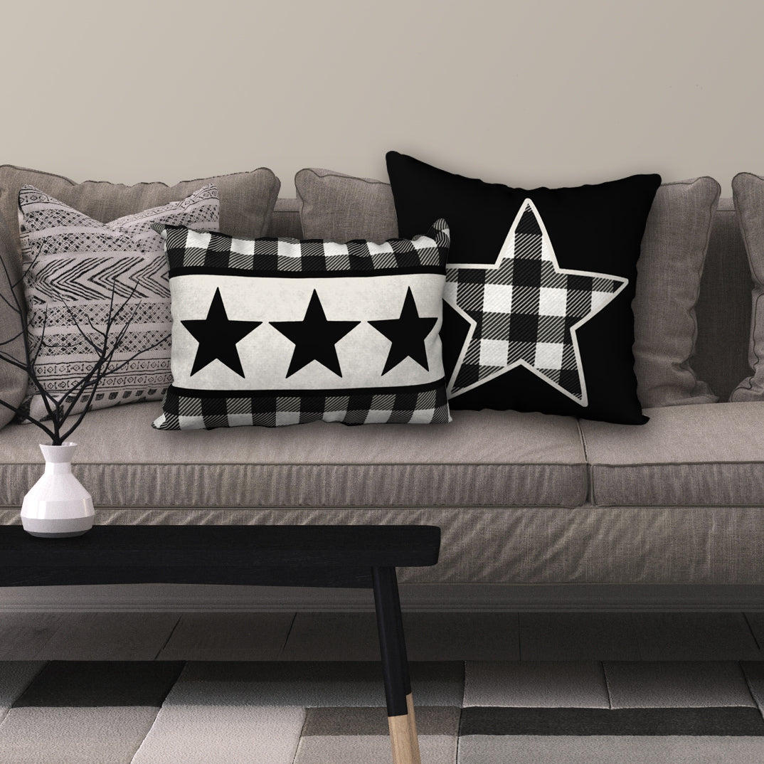 Black & White Buffalo Plaid Star Designer Pillow, 18"x18"