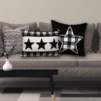 Black & White Buffalo Plaid Star Designer Pillow, 20"x14"